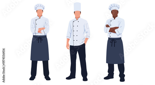 Collection set vector flat style of 3 professional chefs wearing uniform and hat, isolated on clean background for restaurant, culinary, and kitchen service concepts