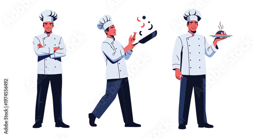 Collection set vector flat style of 3 professional chefs wearing uniform and hat, isolated on clean background for restaurant, culinary, and kitchen service concepts