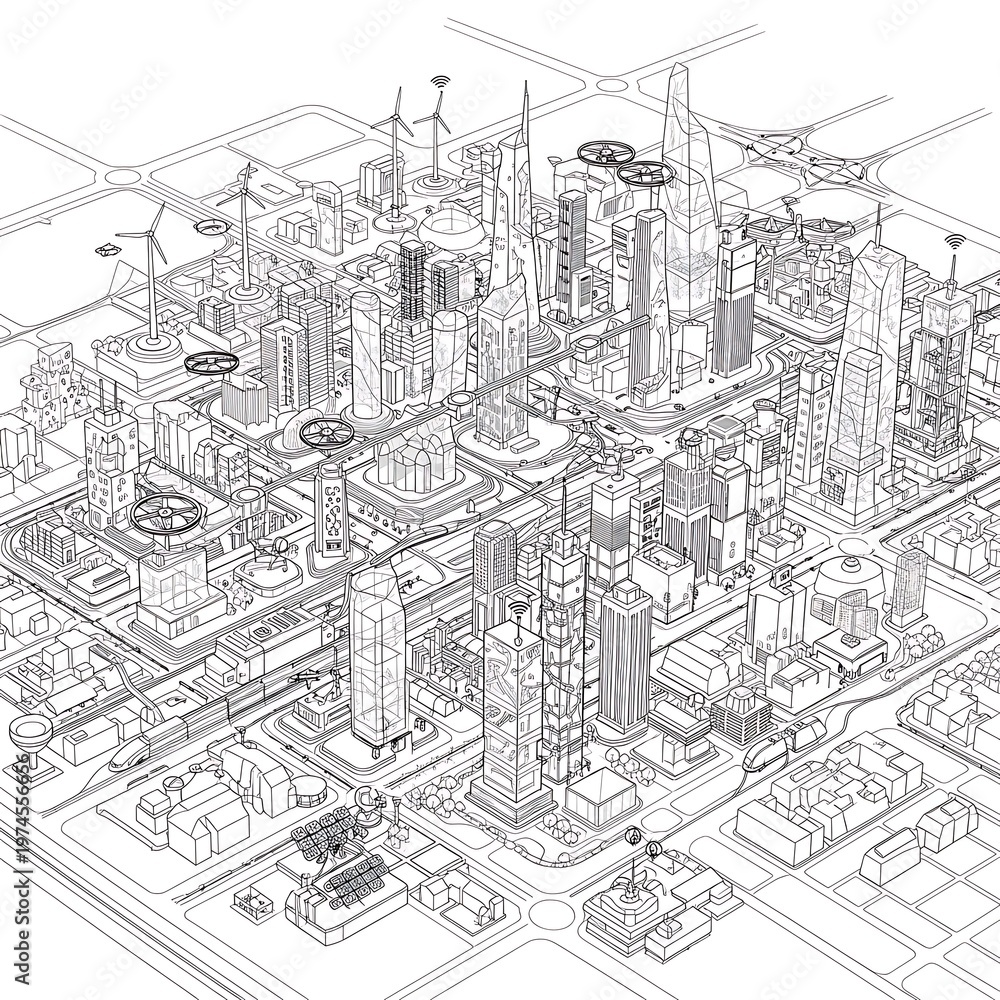 Obraz premium Isometric Smart City Outline - Futuristic Urban Landscape with Drones & Renewable Energy