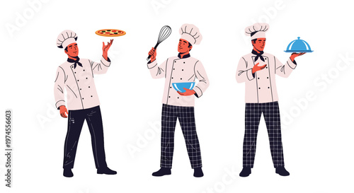 Collection set vector flat style of 3 professional chefs wearing uniform and hat, isolated on clean background for restaurant, culinary, and kitchen service concepts