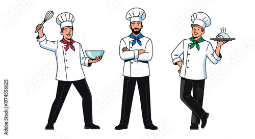 Collection set vector flat style of 3 professional chefs wearing uniform and hat, isolated on clean background for restaurant, culinary, and kitchen service concepts