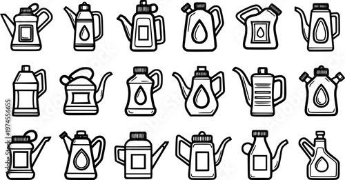 Automotive, Industrial, and Kitchen Oil Cans  Pourers Black and White Line Art Icons Collection for Lubrication and Cooking