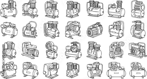 Industrial Air Compressors and Pumps Line Art Set. Black and White Vector Outline Icons for Workshop, Automotive, Manufacturing, and Engineering Equipment.