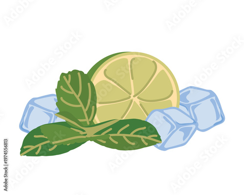 Vector illustration of a lime slice, mint and ice cubes. Ingredients for a mojito or lemonade in flat style. Icon of fresh green sliced citrus fruit, yerba mate.