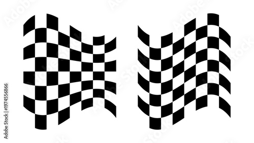 Waving checkered racing flags set isolated on white background, Dynamic black and white checkerboard wave icons for sport design, Set of distorted checkered flag vectors for automotive racing, Abstrac