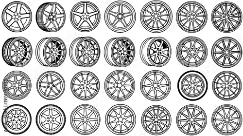 Automotive Car Wheel Rims Line Art Vector Collection. Outline Set of Black and White Alloy Wheel Designs for Vehicles and Transportation Industry.