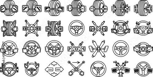 Automotive Car Repair  Driving Outline Icons: Black  White Line Art Set Featuring Wheels, Tire Alignment, and Steering Wheels