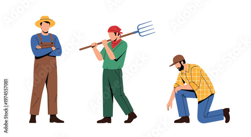 Collection set vector flat style of 3 farmers, agriculture workers isolated on clean background for rural and farming concepts