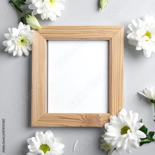 A square wooden picture frame is surrounded by white daisy-like flowers and buds on a light grey background