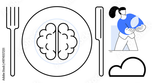 Brain health, cognitive nutrition, mental wellness, healthy lifestyle, mindful eating, personal health. Brain on plate with fork and spoon. Brain health and cognitive nutrition concept