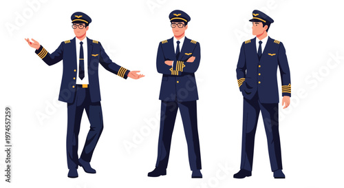 Collection set vector flat style of 3 airline pilots wearing uniform, aviation professionals isolated on clean background for flight, travel, and transportation concepts