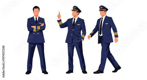Collection set vector flat style of 3 airline pilots wearing uniform, aviation professionals isolated on clean background for flight, travel, and transportation concepts