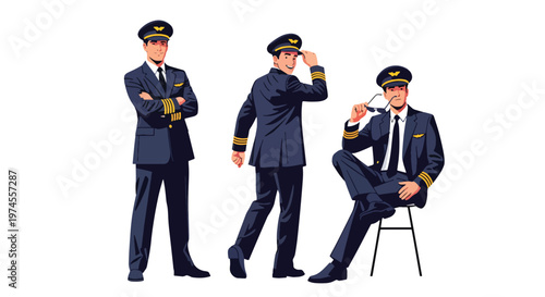 Collection set vector flat style of 3 airline pilots wearing uniform, aviation professionals isolated on clean background for flight, travel, and transportation concepts