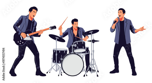 Collection set vector flat style of 3 musicians, band performance characters isolated on clean background for music and entertainment concepts