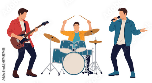Collection set vector flat style of 3 musicians, band performance characters isolated on clean background for music and entertainment concepts