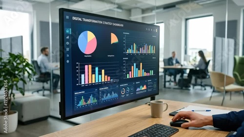 A hand working with a digital transformation interface on a modern screen, clean office environment with soft lighting, professional composition focusing on interaction, shot on Sony A7RV with 85mm