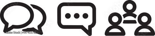 Communication icons set featuring overlapping speech bubbles, chat message, and group of 3 people