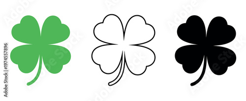 Four leaf clover flat icon graphics lucky shamrock shapes in green black and line versions decorative charm symbols modern vector illustration