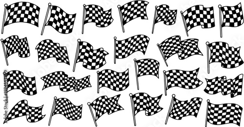 Motorsport Racing Checkered Flags Black  White Line Art Vector Illustration. Hand-drawn Outline Collection for Sports Events and Victory.