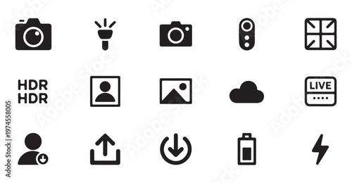 Camera icon set contains glyphs for photos, videos, lenses, accessories and equipment.