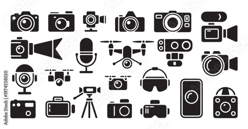 Camera and video equipment icon set including drone, camcorder, dslr, and action cameras.