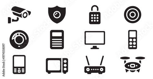 Surveillance and smart home device icons for security and automation technology.