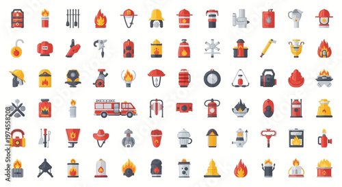 Firefighter Equipment Icons Set: Safety, Rescue, and Emergency Services Vector Graphics