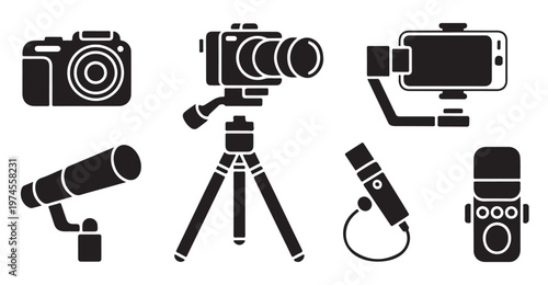 Set of digital vlogging and content creation equipment icons.