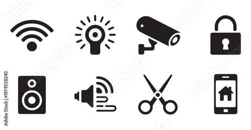 Smart home technology and security icons on white background.