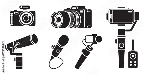 Professional video production equipment set with gimbal stabilizer camera and microphones.