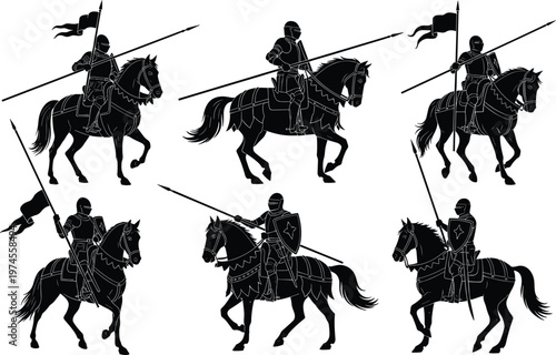Set of medieval knight silhouettes on horseback with lances and banners, armored cavalry warriors, equestrian military silhouettes for historical designs, crests and heraldry