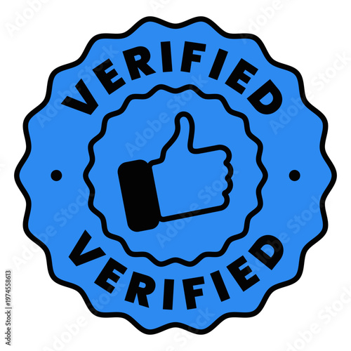 Black and blue Verified stamp sticker with thumbs up icon