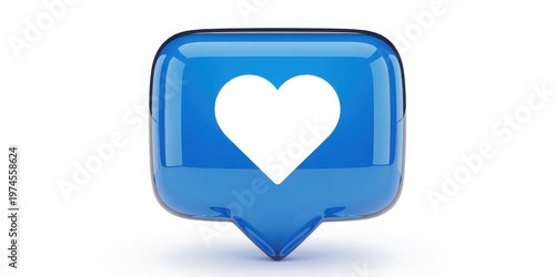 A sleek blue speech bubble icon featuring a white heart symbol inside it