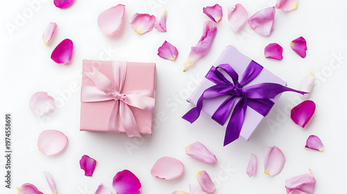 Two gift boxes rest on a clean white surface with rose petals