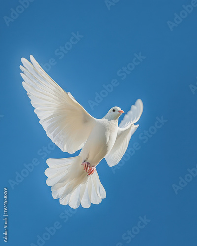 Weiße Taube, Friedenstaube, fliegt am blauen Himmel, Generative AI