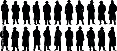 Mysterious Silhouettes of Secret Agents in Trench Coats and Fedoras Standing in Row for Noir Detective and Spy Thriller Concepts
