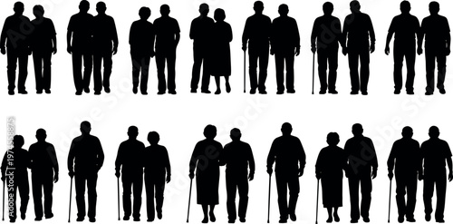 Senior elderly couples walking together silhouettes set of older men and women using canes and holding hands for retirement lifestyle.