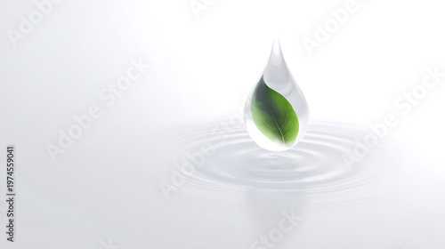 Green leaf inside a water droplet falls onto a water surface