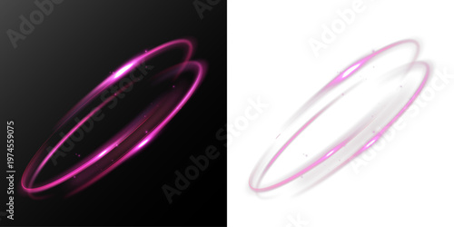 Light pink neon glowing double ring isolated on transparent background futuristic energy orbit effect.
