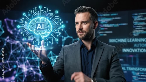 Man standing with one hand raised holding a glowing AI chip or digital brain icon representing machine learning and automation, dark futuristic background with abstract neural network patterns,