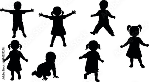 Set of black silhouettes of little children boys and girls playing jumping crawling and standing isolated on white background vector