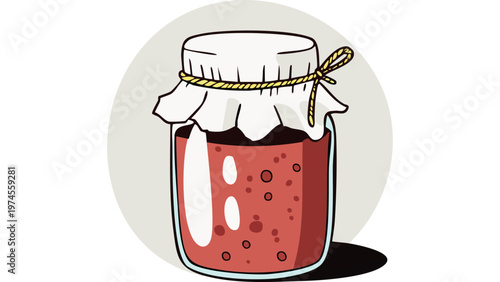 Glass jar filled with red jam sealed with cloth cover representing homemade preserve and sweet spread food vector