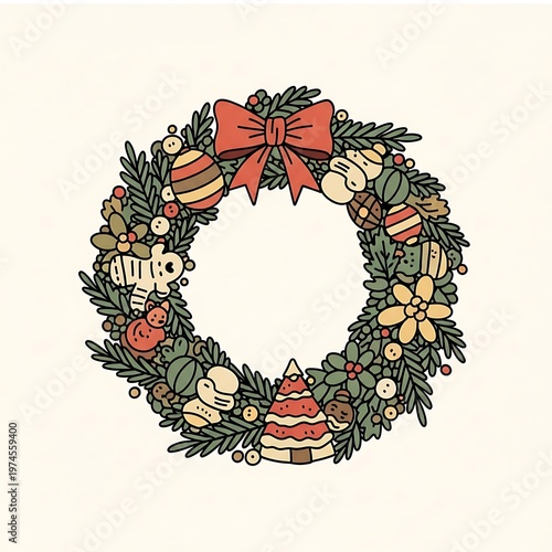Festive Christmas Wreath Illustration with Ornaments and Bow.