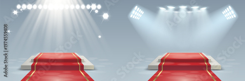 Red carpet stage receiving bright event spotlights