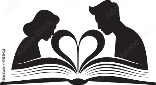 Couple reading book with heart shaped pages silhouette illustration