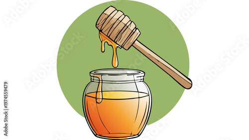 Honey dripping from wooden dipper into glass jar representing natural sweet food and organic ingredient vector