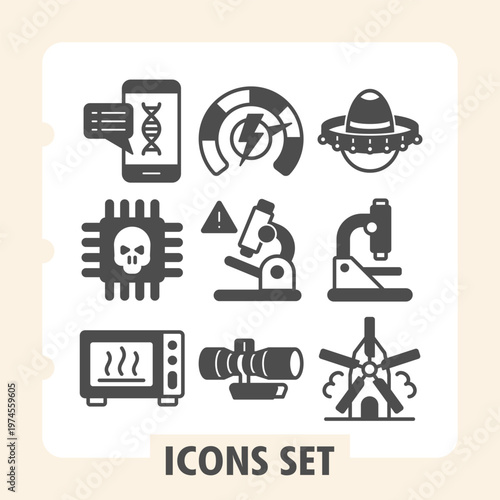 Smartphone dna, microchip, microwave oven icons, collection illustrating concepts such as technology, science, culture and domestic appliances. Set of nine glyph icons on white background.