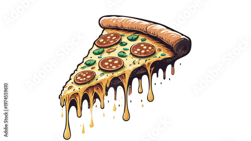 Slice of pizza with melted cheese and toppings dripping illustrating popular fast food indulgent snack vector
