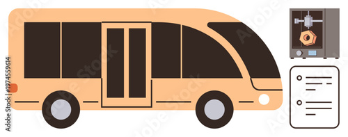 Sustainable transportation, futuristic engineering, task automation, smart logistics, urban planning, innovation. A modern bus, a 3D printer and a checklist. Sustainable transportation