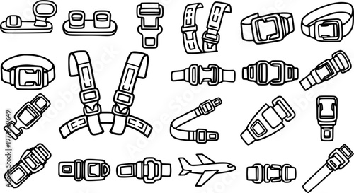 Black  White Line Art Vector Set of Buckles, Seatbelts, and Safety Fasteners for Automotive, Aviation, and Child Safety